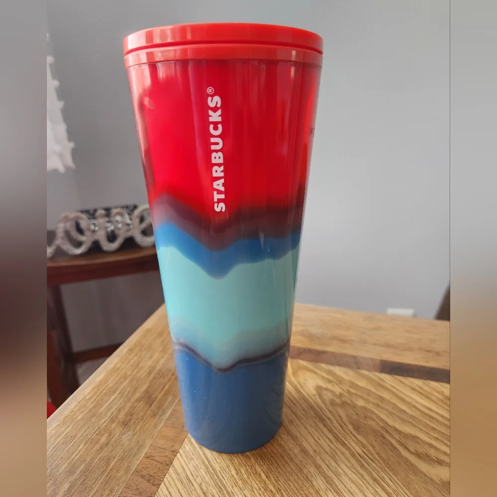 Starbucks Tie-Dye Color Waves Red and Blue Tumbler NWOT